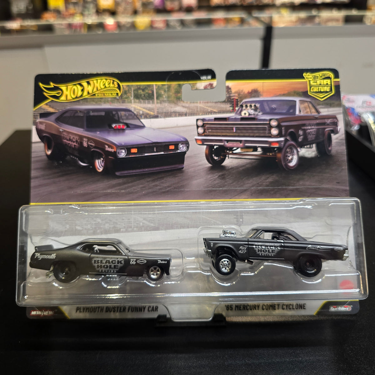 Hot Wheels Car Culture 2 pack Black Hole PLYMOUTH DUSTER FUNNY CAR & 65 MERCURY COMET CYCLONE
