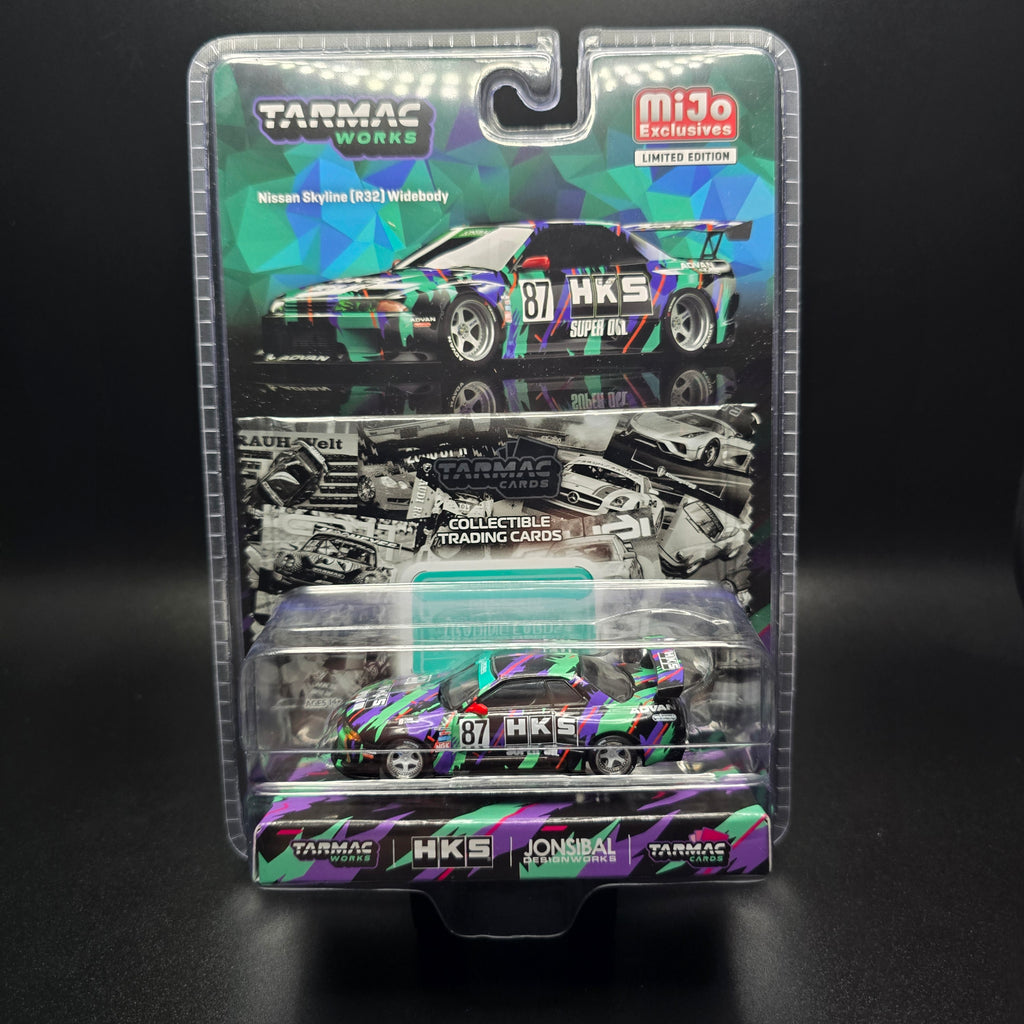 Tarmac Works 1:64 Nissan Skyline (R32) Widebody Jonsibal Designworks & HKS with Card Pack – Blue, Green, Black – Tarmac Cards