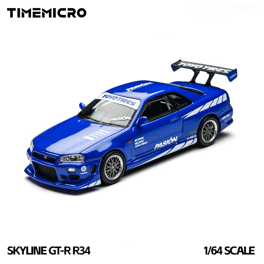 TimeMicro 1:64 Skyline GT-R R34 "Pasión" Blue Diecast Car Model