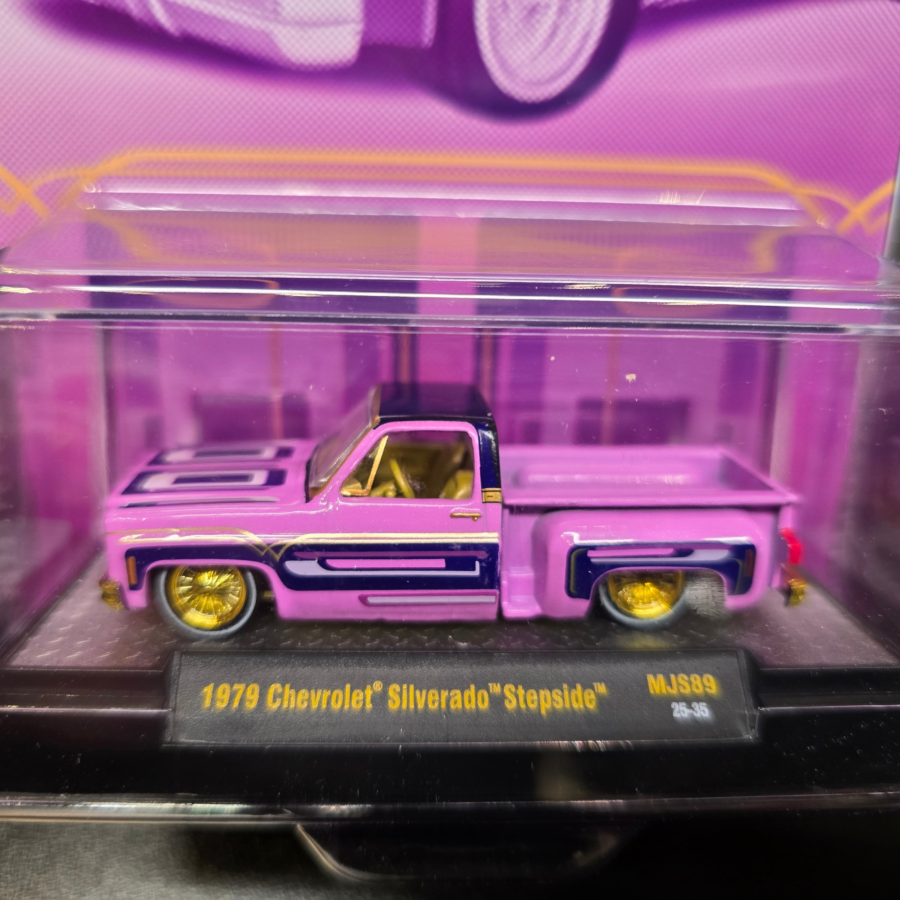 (CHASE) M2 Machines 1979 Chevrolet Silverado Stepside Lowrider Purple Square Body Truck