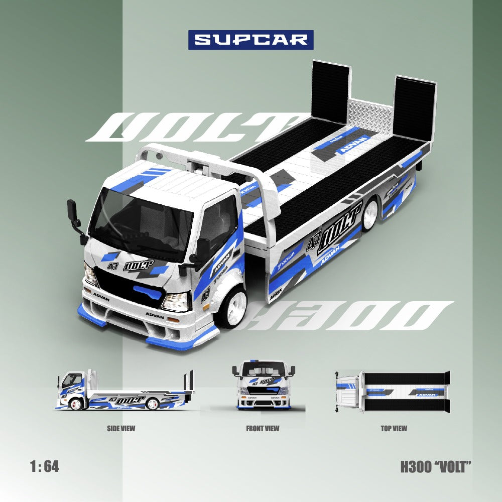 Supcar 1:64 H300 flat transport trailer - Original design ADVAN "VOLT" blue and white painted alloy car model