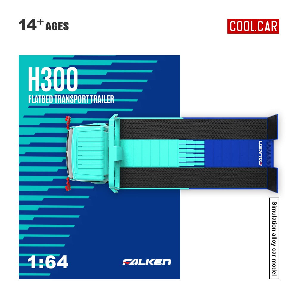 Cool Car 1:64 H300 flat transport trailer, Falken blue and cyan painted alloy car model