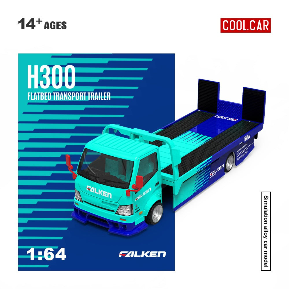 Cool Car 1:64 H300 flat transport trailer, Falken blue and cyan painted alloy car model