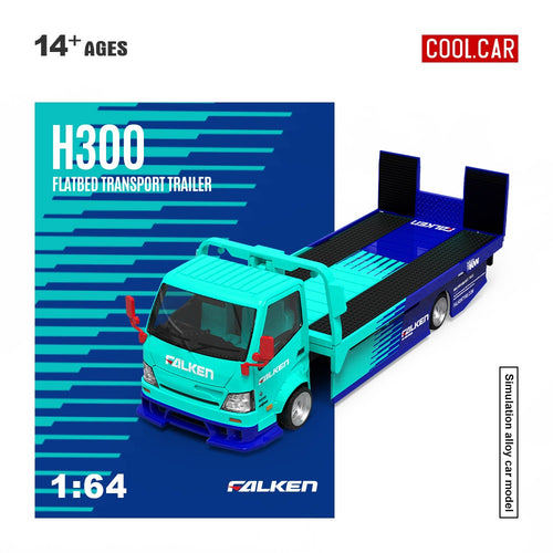 Cool Car 1:64 H300 flat transport trailer, Falken blue and cyan painted alloy car model